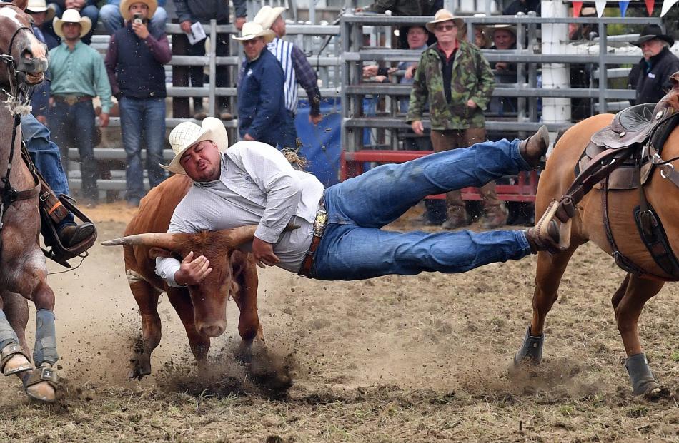 Grappling a steer is Bradley Lanigan, of Awanui.