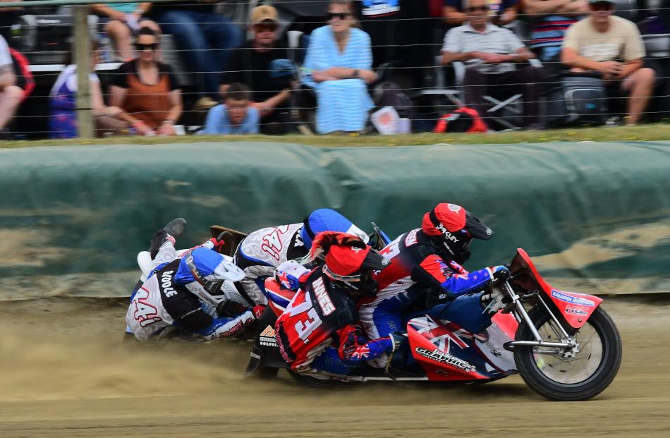 Taylor Green, of Rangiora, controls the sidecar while swinger Callum Innes, of Invercargill,...