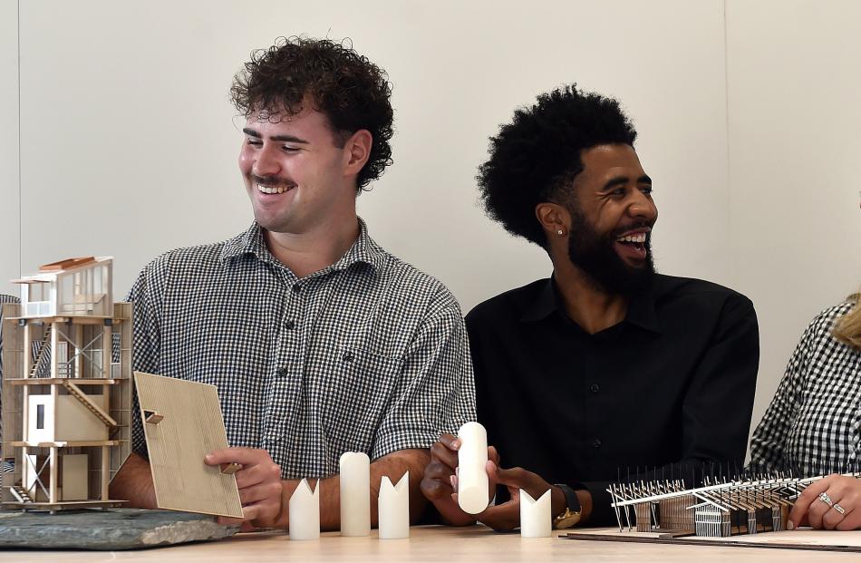 The first Otago students to graduate with a master’s of architecture degree (from left) Hunter...