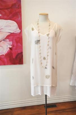 Harlowe silk Billy Leaves tunic, Factor viscose slip, Bronwen Newport coloured Spanish Pearls...