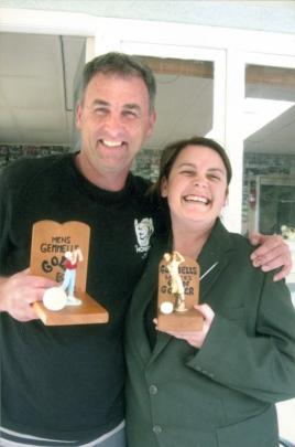 Daryl Anderson and his niece Jenna Wylie, both trophy winners at the camp's annual golf...