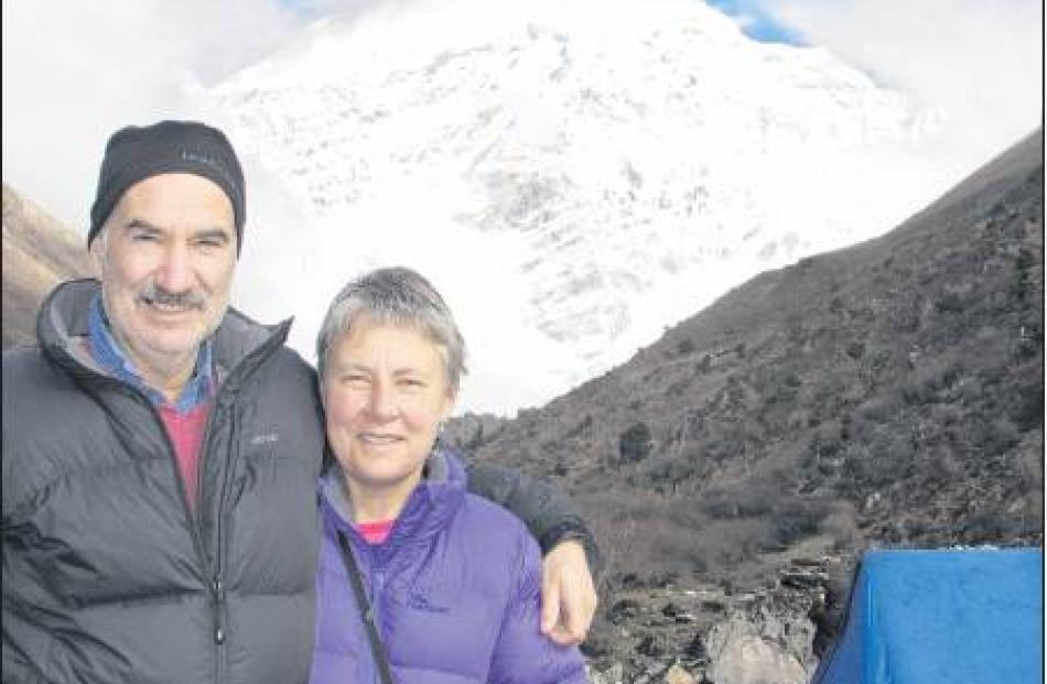 Philip and Shona Somerville with Jhomolhari (7314m) behind.