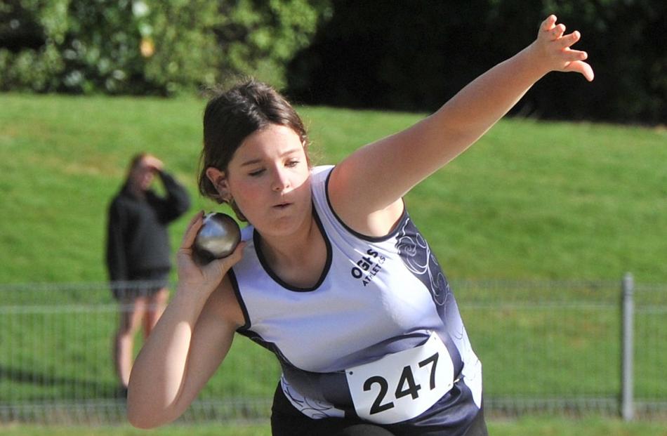 Otago Girls’ High School thrower Allegra van Gelderen, 13, who lines up her throw in the shot put.