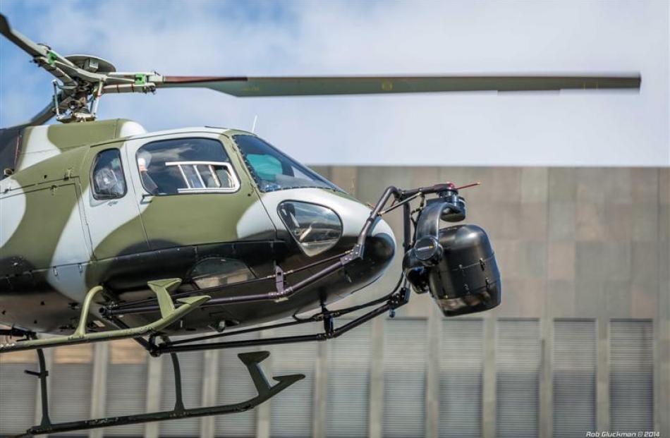 A Shotover camera system fitted to a helicopter for shooting aerial footage.