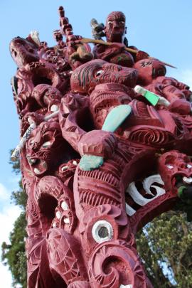 A magnificent carved gateway at the entrance to Torere School, 25km northeast of Opotiki, on the...
