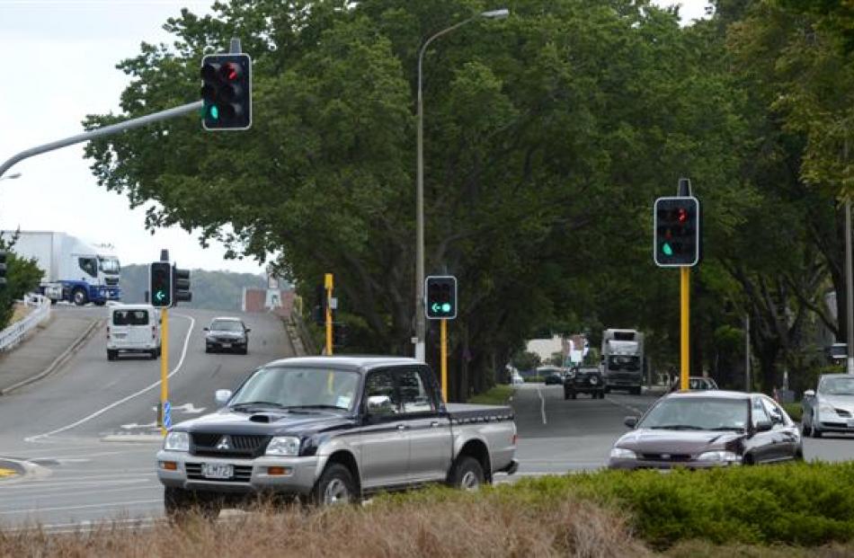 Traffic lights on the corner of Anzac Ave, Frederick St and the Ward St overbridge, Dunedin, have...