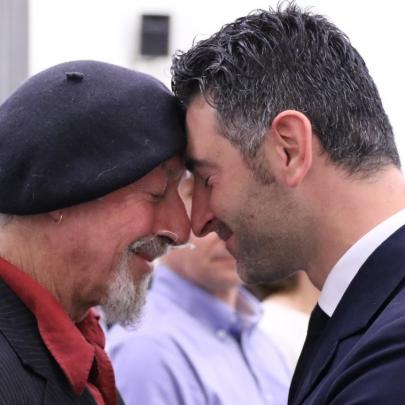 Francesco Ventriglia (right) is welcomed by Sir Jon Trimmer at a private powhiri the RNZB held to...