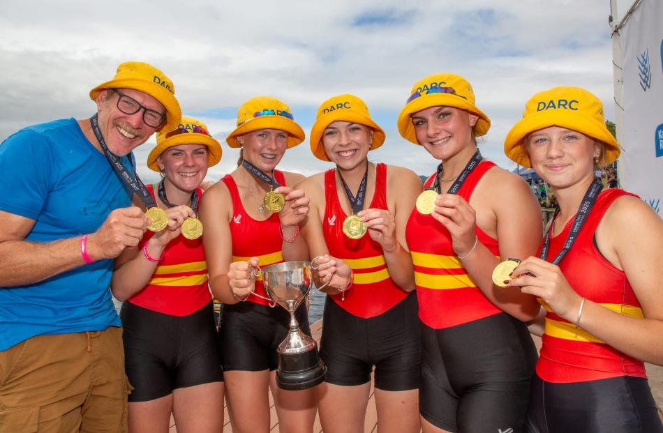 Dunstan High School Maadi Cup rowers (from left) Simon Smith (coach), Ruby Smith, Bella Thomas,...