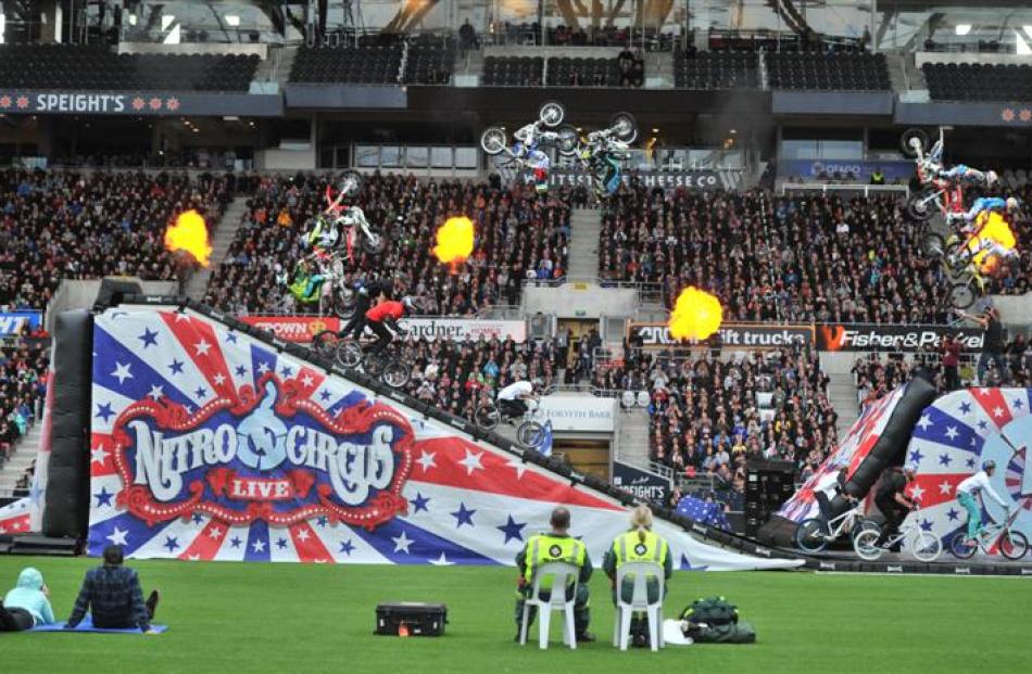 All members of the Nitro Circus team hit the ramps at the same time. Photo by Linda Robertson.