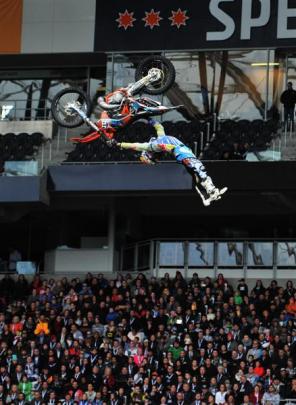 New Zealand motocross rider Levi Sherwood makes the most of his air time during his performance...