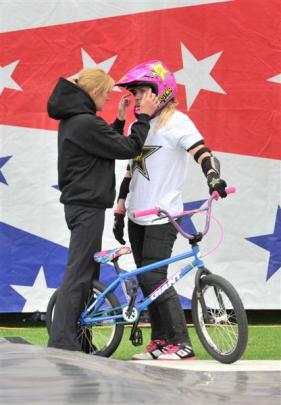 Nitro Circus physiotherapist Nat Perkins checks on rider Jolene Van Vugt. Photo by Linda Robertson.