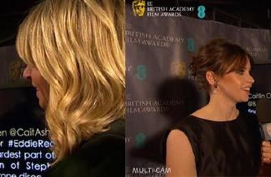 Her tweet can be seen in the background while a reporter questions Redmayne (left panel) and co...