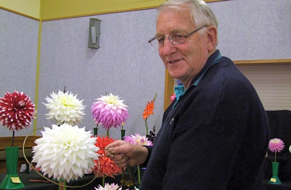 Walter Jack, of Invercargill, with his Ryecroft Ice dahlia that took top honours at Owaka.