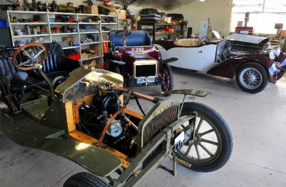 The late Bob Turnbull's cars (from left) the 1907 Sizaire et Naudin, the 1904 Humber Humberette...