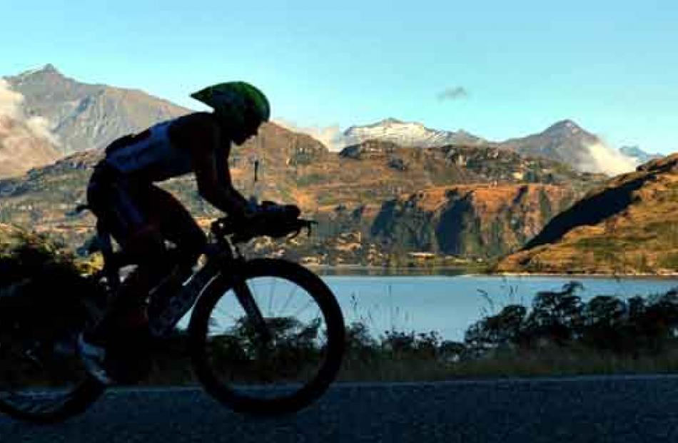 Simone Maier from Wanaka rides past Glendhu Bay.