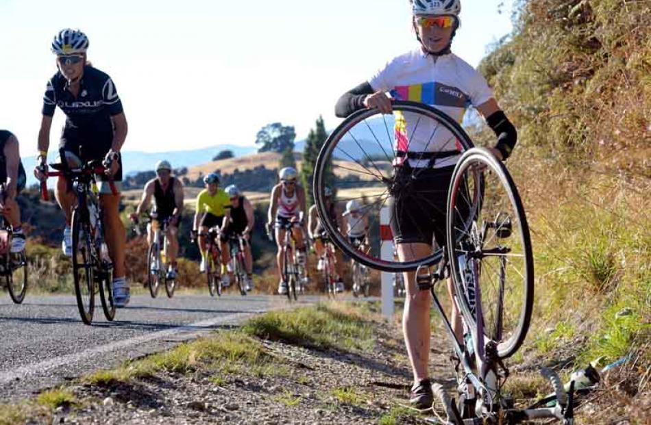 Rachel Rankin from Wanaka remains chippa despite suffering her first ever race-day puncture.