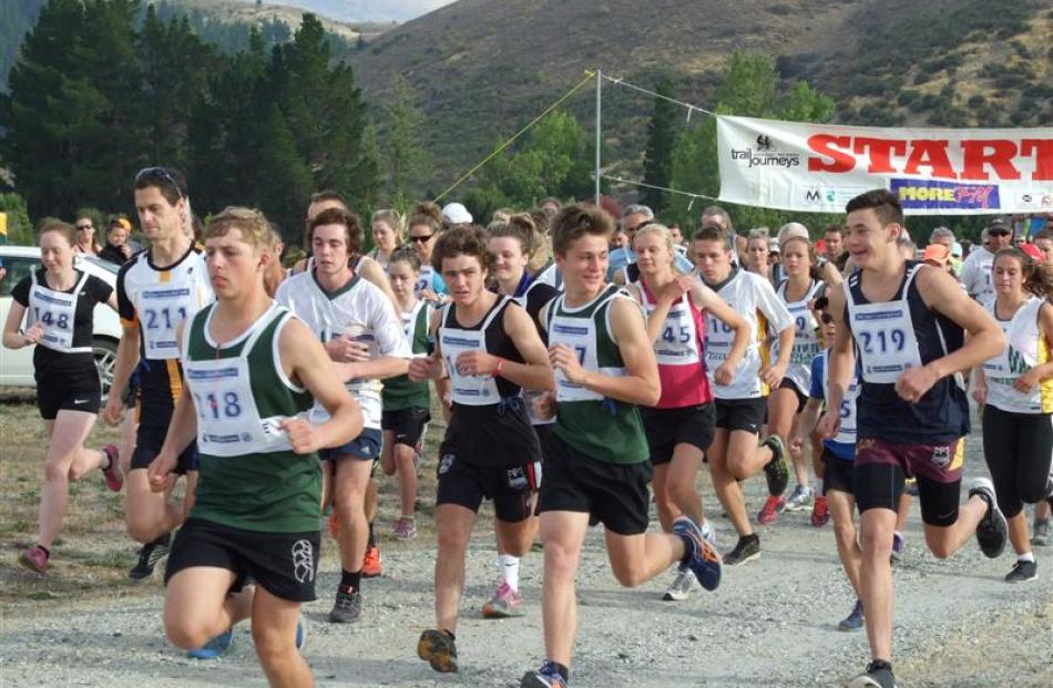 The field, full of energy at the start of the 150km Otago Central Rail Trail Duathlon, at Clyde...