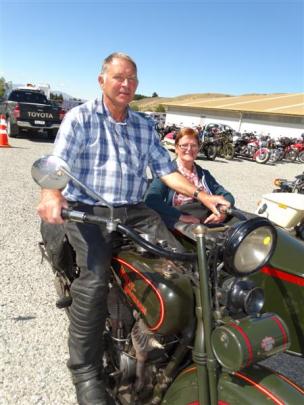 Howard and Marion Sims on their 1927 7/9 Harley-Davidson with sidecar, at  Wanaka Airport yesterday.
