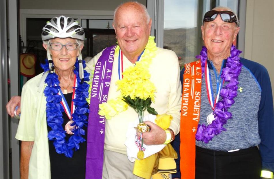 The winning trio from the race,  (from left) in third place, Wiki Smith (81), winner  Graeme...