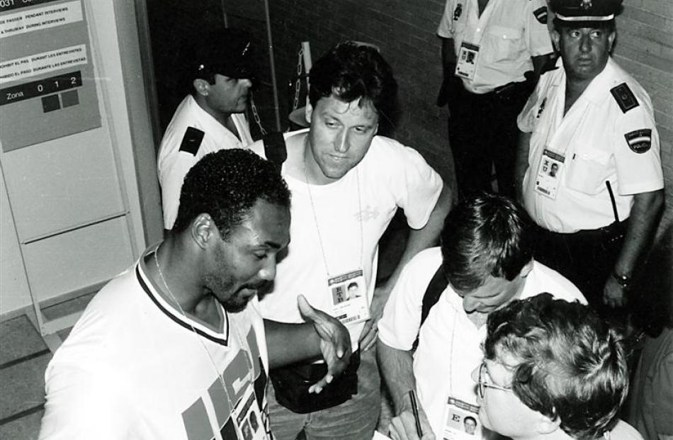 Basketball writer John Saker interviewing NBA legend Karl Malone in Barcelona in 1992.