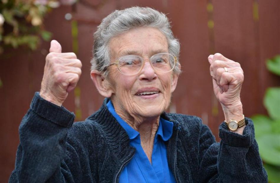 New Zealand captain Brendon McCullum's grandmother Alison Smith gives the Black Caps the thumbs...