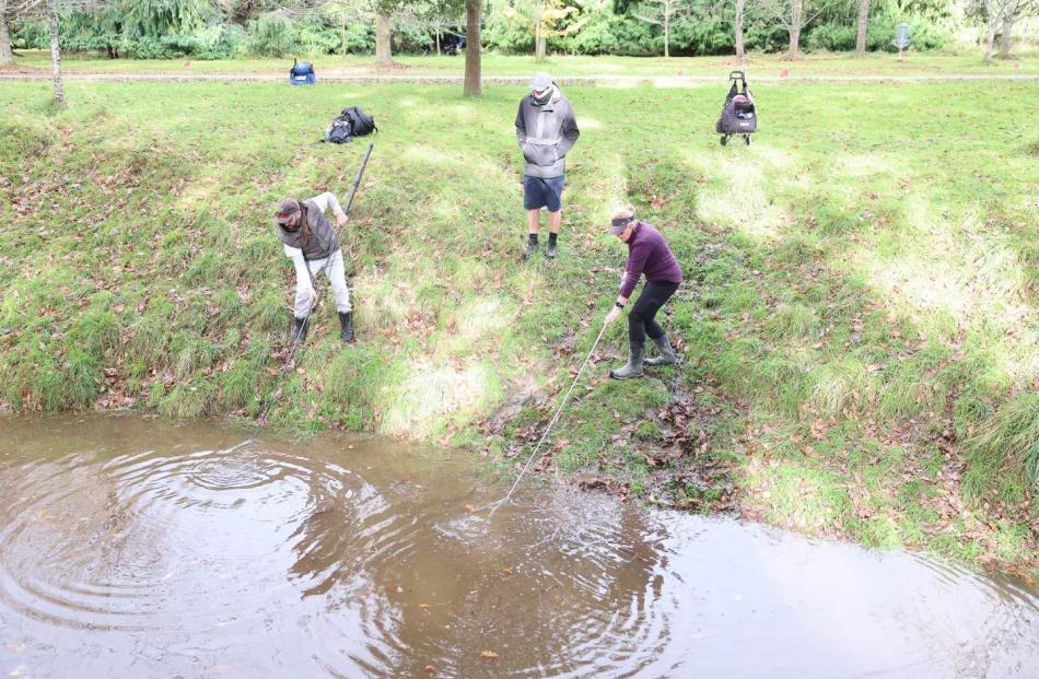A pair of competitors attempt to fish out their discs.
