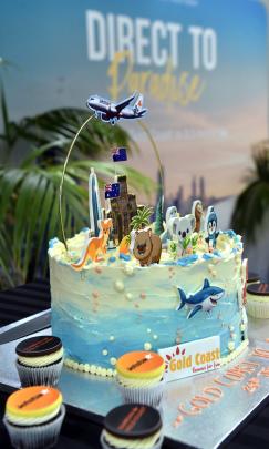 A cake celebrating the launch of direct flights between the Gold and Dunedin.
