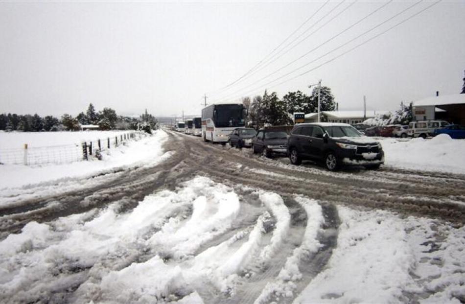 Traffic is banked up on State Highway 6, at Five Rivers, Northern Southland.