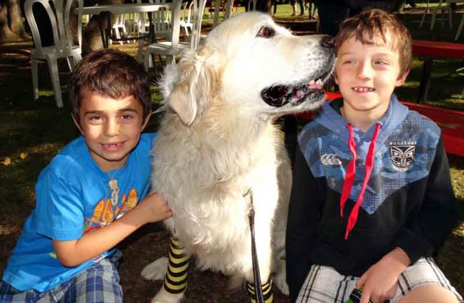 Tristan (6) and Brooklyn (9) Walker, with golden retriever Morse.