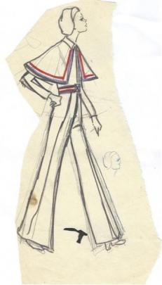 Jane Daniels' 1973 sketch design for the 1974 British Commonwealth Games victory hostess uniform.