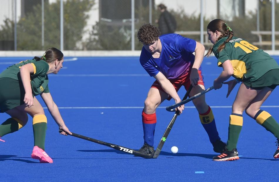 Fiordland College’s Dominique Lawrence, 15, (left) and Talia Turner, 15, compete for the ball...