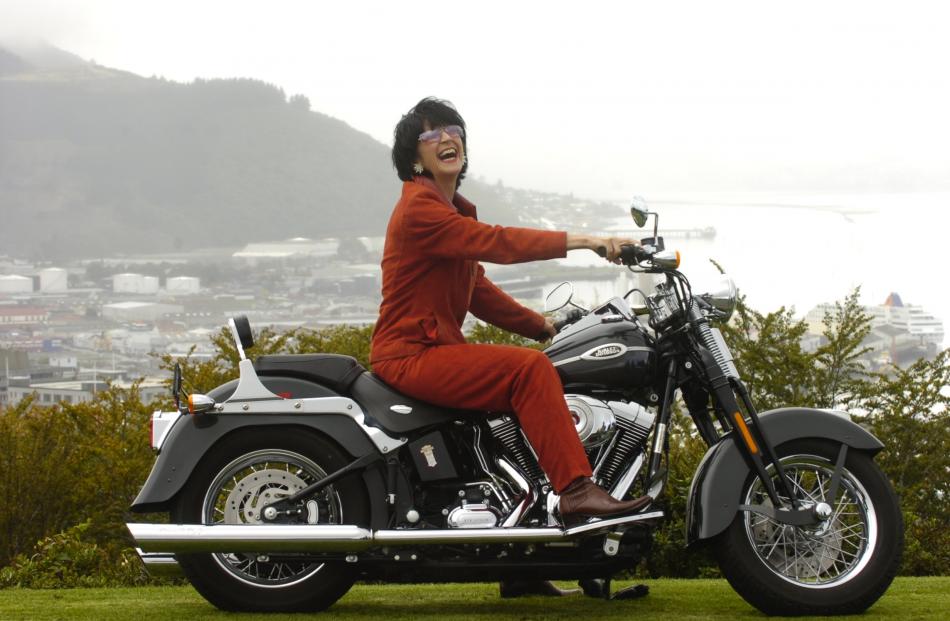 Helen Medlyn on a Harley-Davidson motorcycle at Unity Park as part of a photo shoot for the Otago...