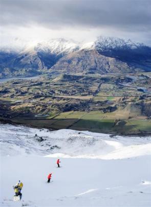 Skiers tackle the Hurdle trail at Coronet Peak  on Saturday. Photo by Brandon Stanley.