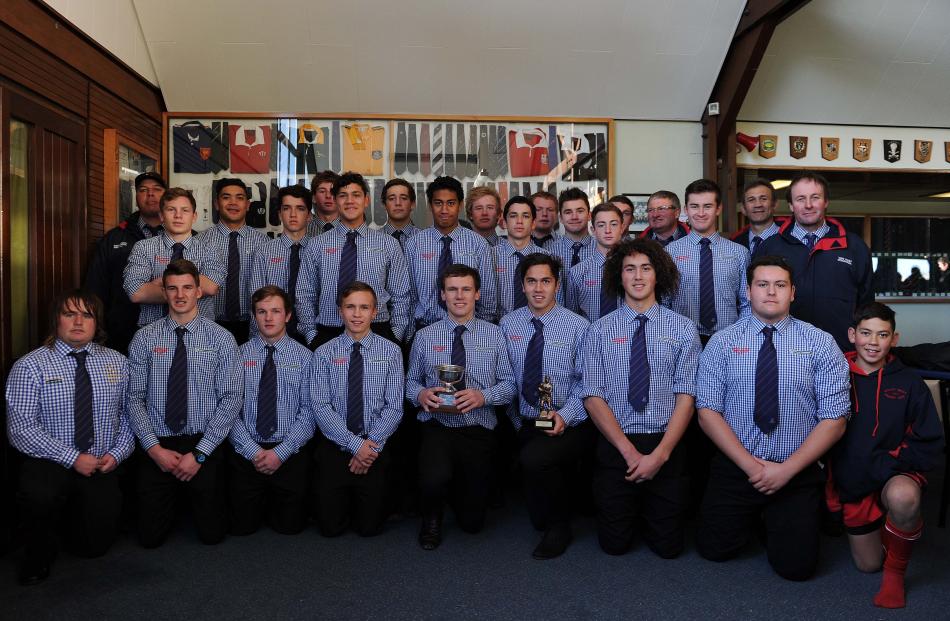 South Otago 1st XV pose for a team photo after placing first in the first round of the SWRE...