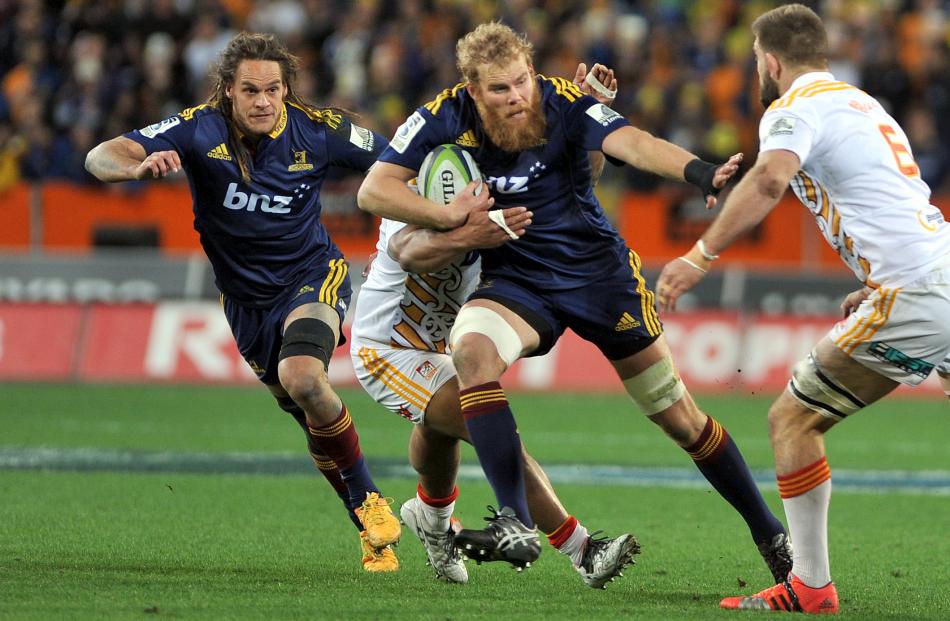 Mark Reddish and Dan Pyor on the charge against the Chiefs.Super Rugby Qualifying Final match...
