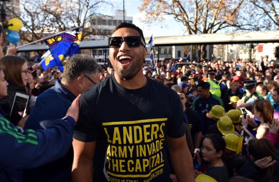 Highlanders first five-eighth Lima Sopoaga shows some emotion at the victory parade.