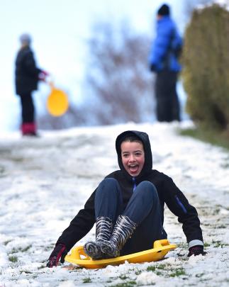 Samara Kelly (12), of Wakari, scoots her sled down a bank near her home yesterday. Photo by...