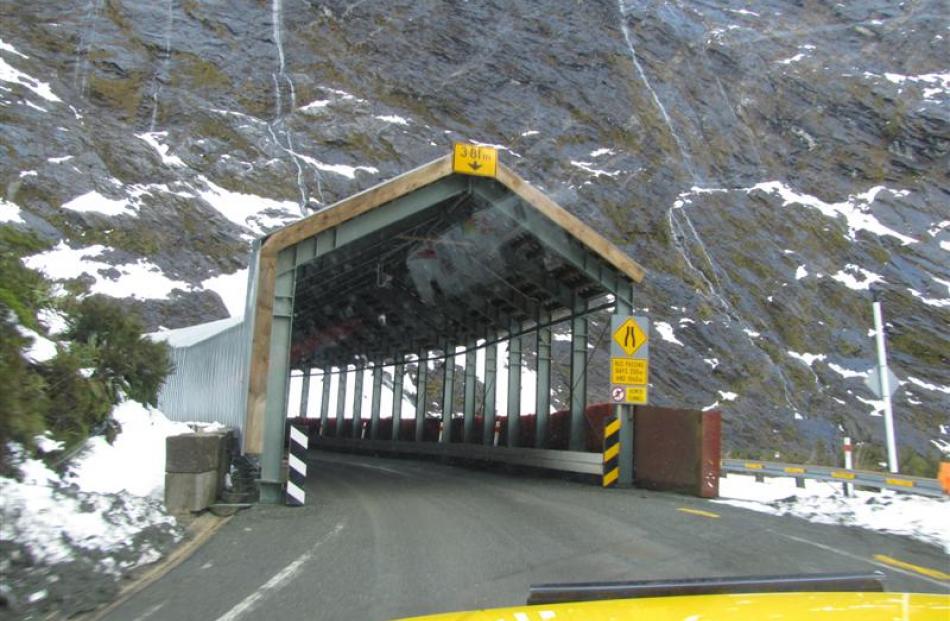 The temporary portal at the western end of the Homer Tunnel.