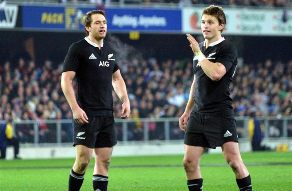 Beauden Barrett (right) with Ben Smith beside him, views options against England at Forsyth Barr...