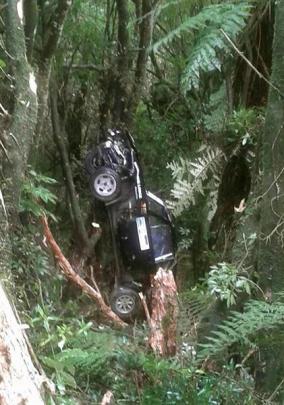 Mike Verdoner's damaged rally car after it plunged 50m down a bank during the Catlins Coast Rally...