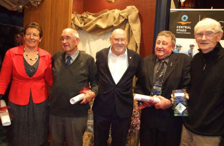 Guest speaker Sir Ray Avery (centre) with community service award winners (from left): Joss...