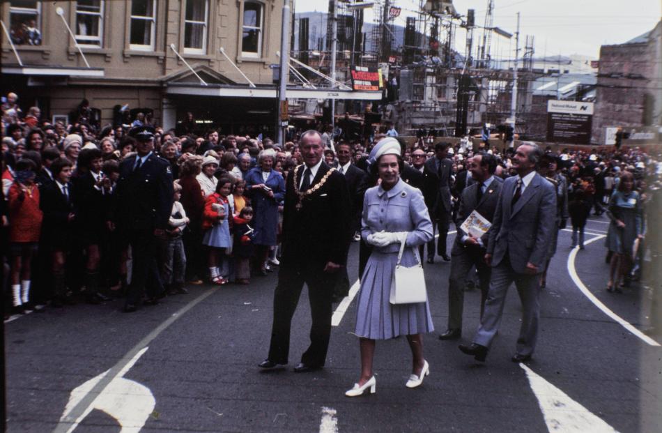 The Queen in the Octagon, Dunedin, with the mayor, Sir James Barnes, in 1977. Photo: ODT
