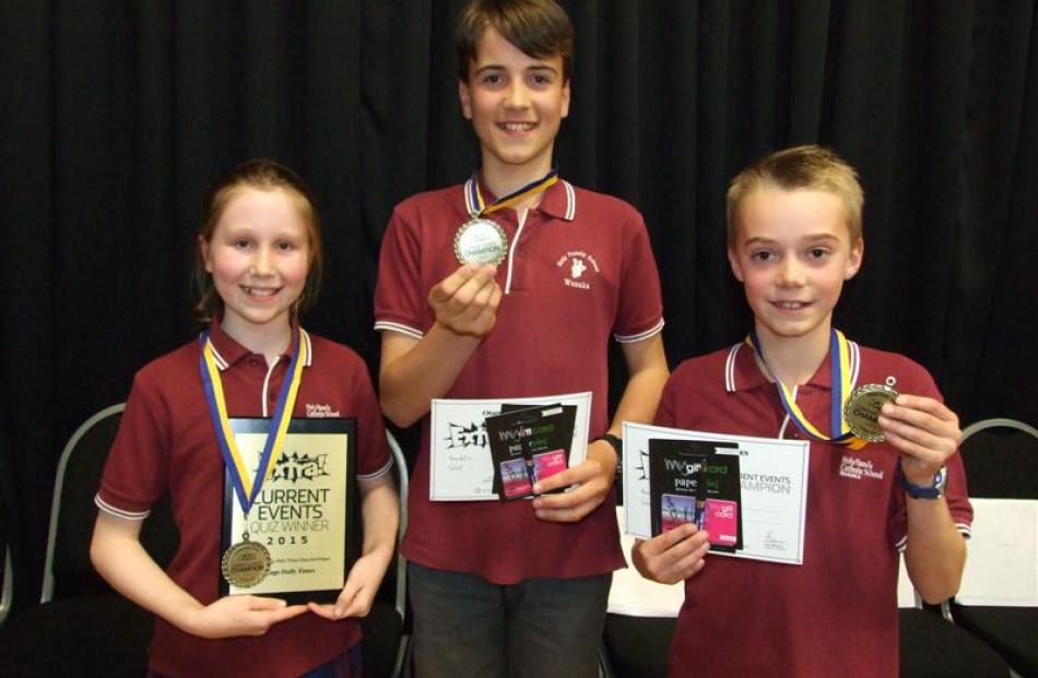 Year 7-8 winners, Holy Family (Wanaka) pupils (from left) Isobel Smith, Lukas Schafer  and Ben...