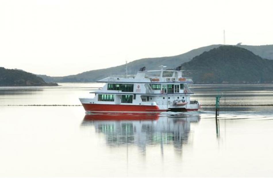 Southern Discoveries' catamaran Pride of Milford leaves Otago Harbour yesterday after a six-week...