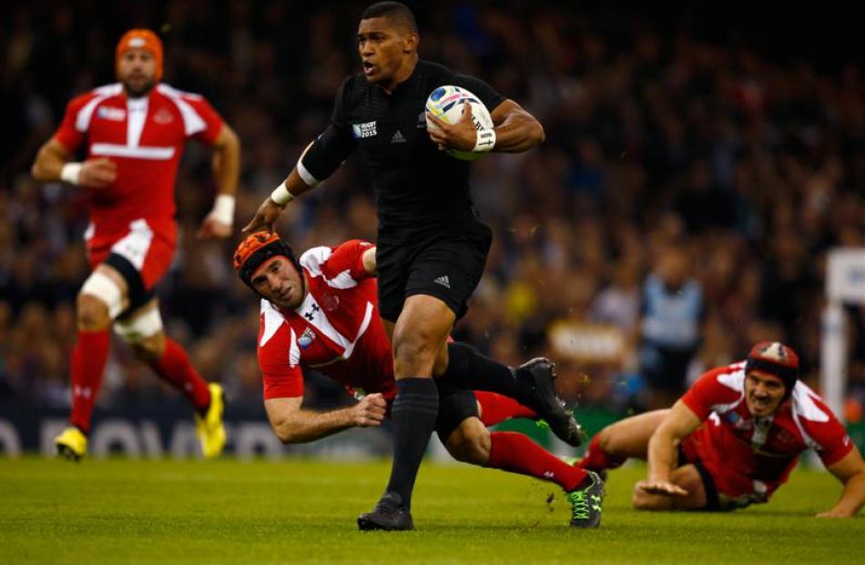 Waisake Naholo strides out to score two minutes into the All Blacks 43-10 win over Georgia. Photo...