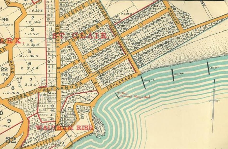 A 1924 plan of St Clair showing the 1921 double-row groynes and an original 1902 groyne the St...