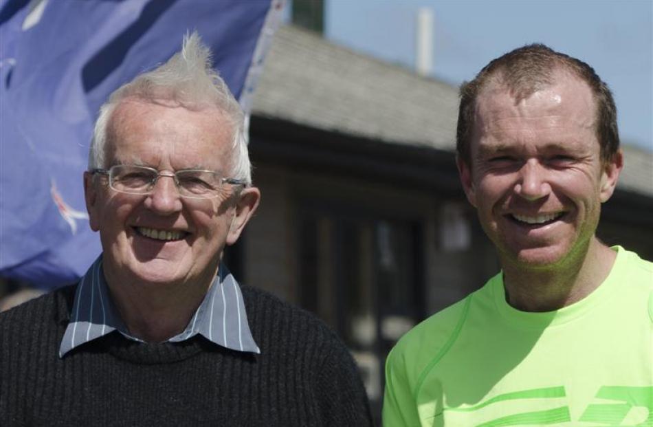 Race  winner  Stafford Thompson (right), of Dunedin, with race MC Palmerston Lions club member...