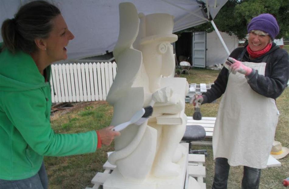 Storyteller Stone Carvers of Waimate's Jane Scott (left) and Fiona Bowmar are two of six artists...