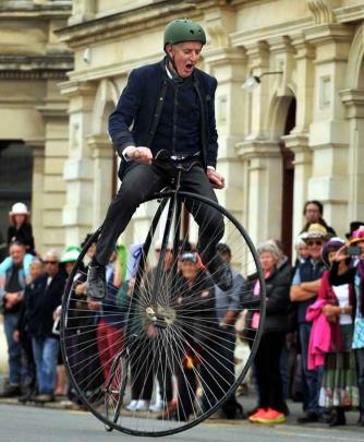 Neil Plunket, of Christchurch, takes it slowly . . . too slowly in the 21st Heritage Bicycle...