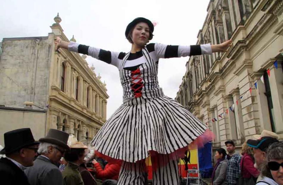 Fresh air . . . Birds' Eye View stilt walker Florence Sorrel, of Dunedin, strolls the historic...